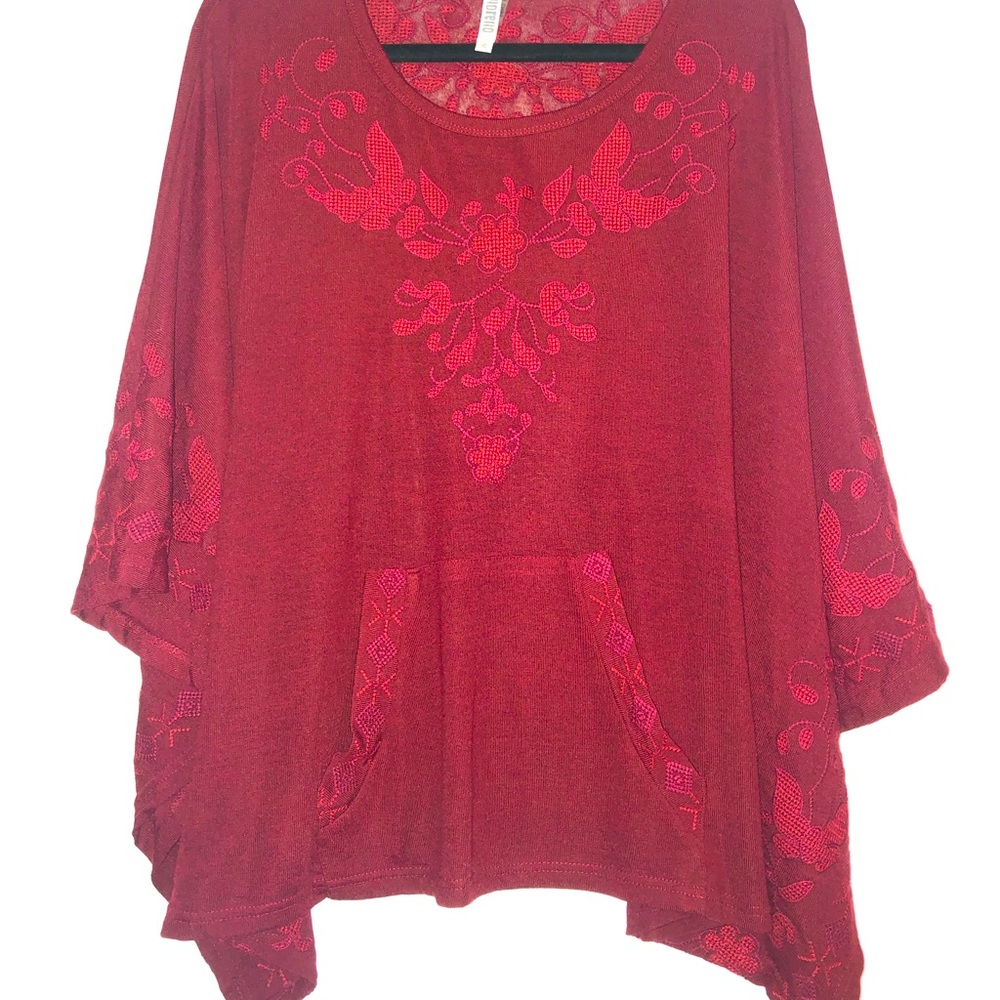 Red Poncho with Embroidery